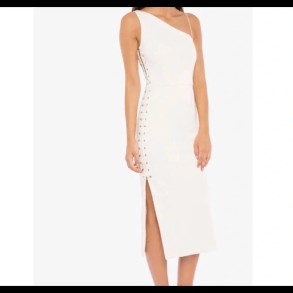 MISHA strech lace up sides midi dress one shoulder white size medium M cut out - Picture 3 of 15